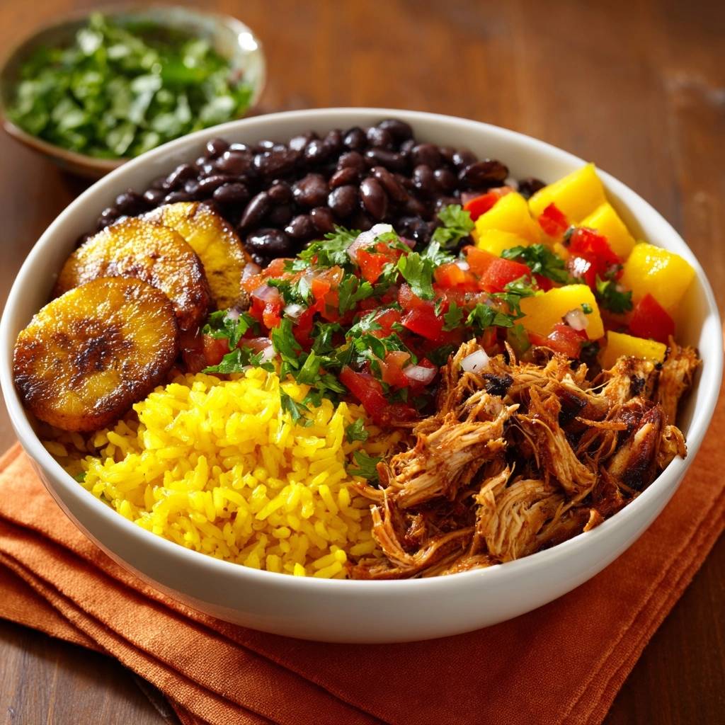 Tropische Pulled-Hähnchen-Bowl mit Reis, schwarzen Bohnen und gebratenen Kochbananen, Nahaufnahme.