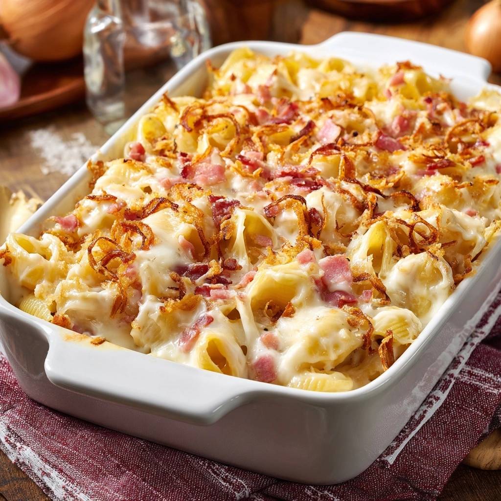 Überbackene Conchiglie mit Speck und knusprigen Zwiebeln, detailreiche Nahaufnahme des überbackenen Nudelauflaufs mit knuspriger Zwiebelgarnitur.