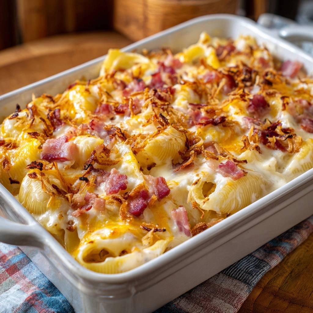 Überbackene Conchiglie mit Speck und knusprigen Zwiebeln, detailreiche Ansicht der cremigen Pasta und knusprigen Garnitur.