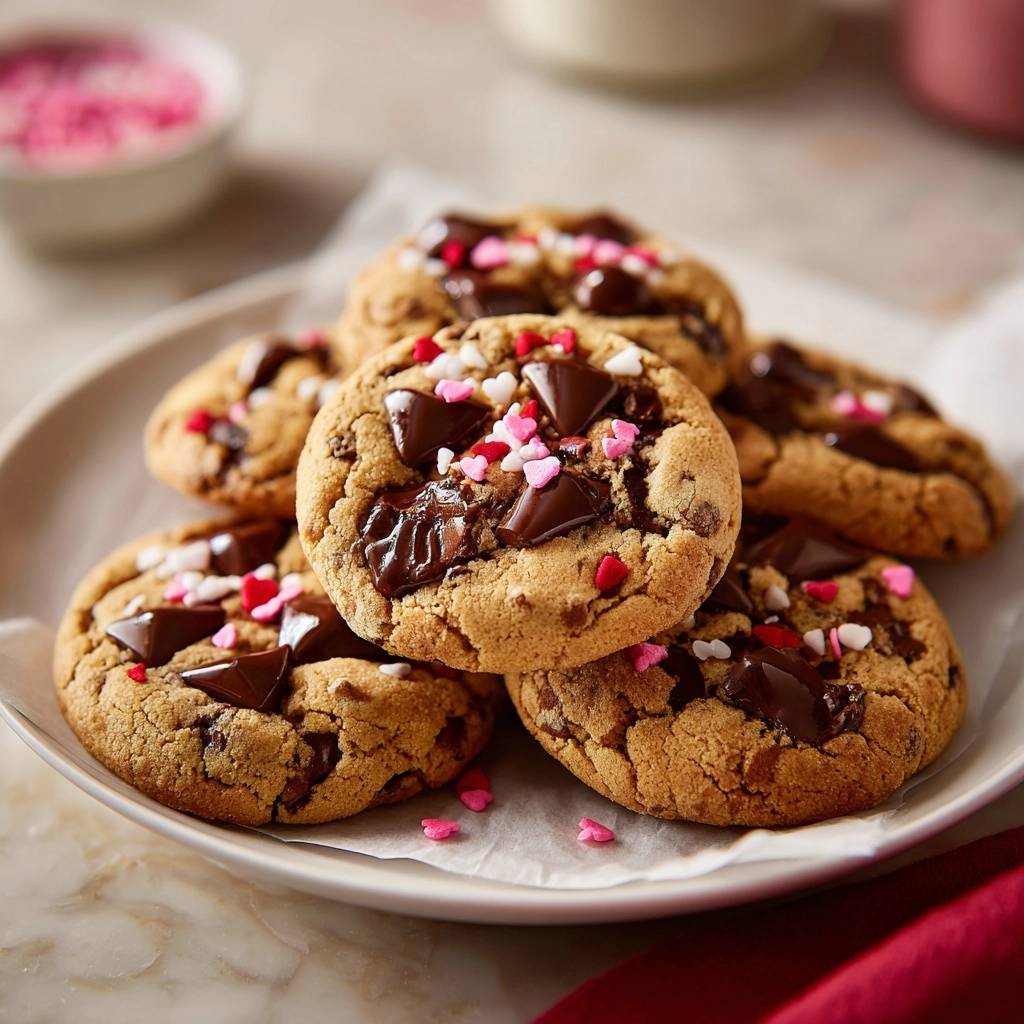 Valentins-Schoko-Chip-Kekse mit Herzstreuseln und Schokoladenstücken, auf einem Teller nahaufnahme garniert.