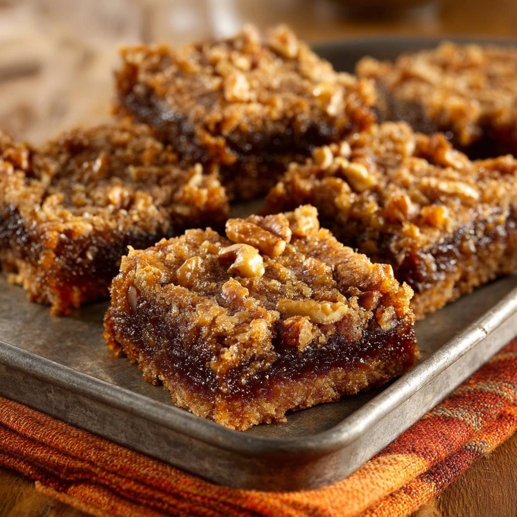 Saftige Walnuss-Karamell-Schnitten als Nahaufnahme des Querschnitts mit karamellisierter Füllung und Walnussstückchen.