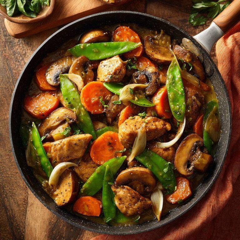Wok-Hähnchen mit knackigem Gemüse, eine Nahaufnahme des Gerichts in einer Pfanne von oben mit Huhn, Karotten, Zuckerschoten und Pilzen.