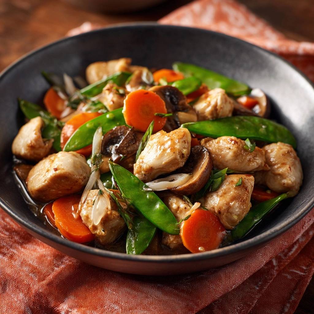 Wok-Hähnchen mit knackigem Gemüse, Nahaufnahme des gebratenen Hähnchens mit Karotten, Zuckerschoten und Pilzen in einer dunklen Schüssel.