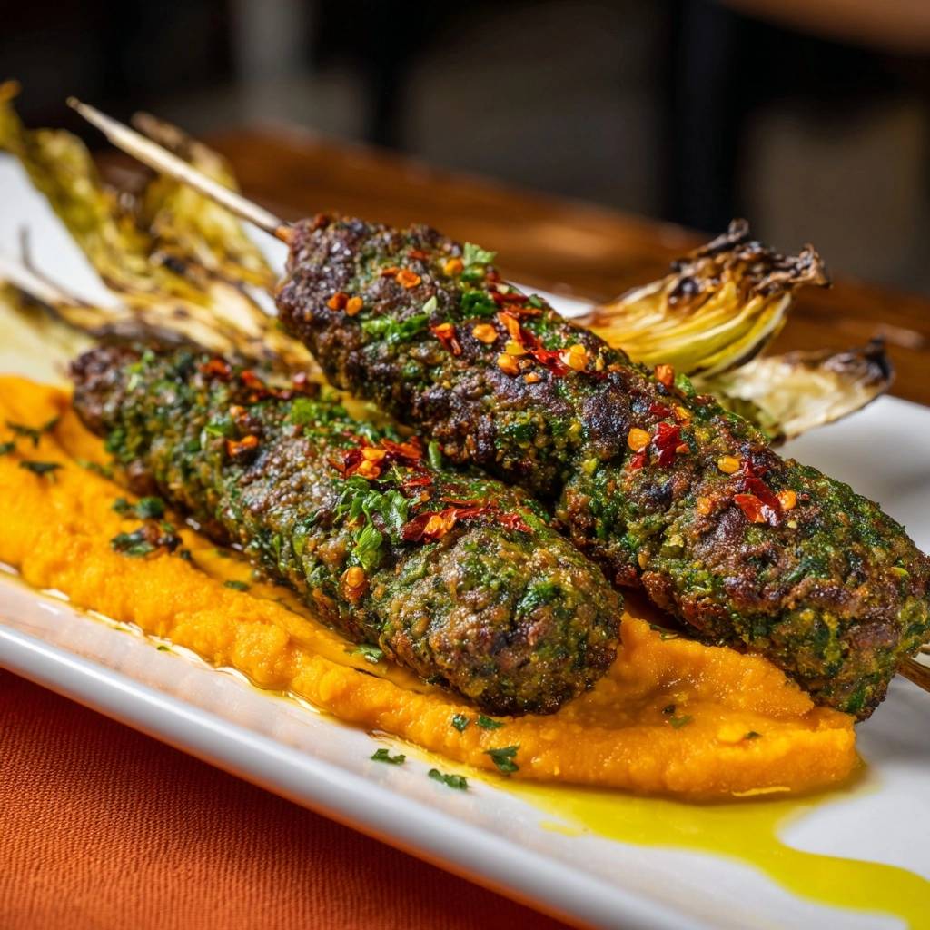 Würzige Rinder-Kofte auf Kürbispüree, nahaufnahme der saftigen Fleischspieße mit Kräutern und Chiliflocken.
