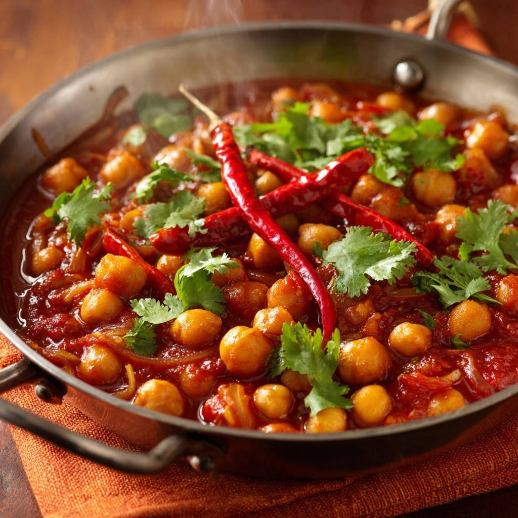 Würziges Kichererbsen-Curry mit roten Chilis und Koriander, nahaufnahme der dampfenden Speise in einer Schale.
