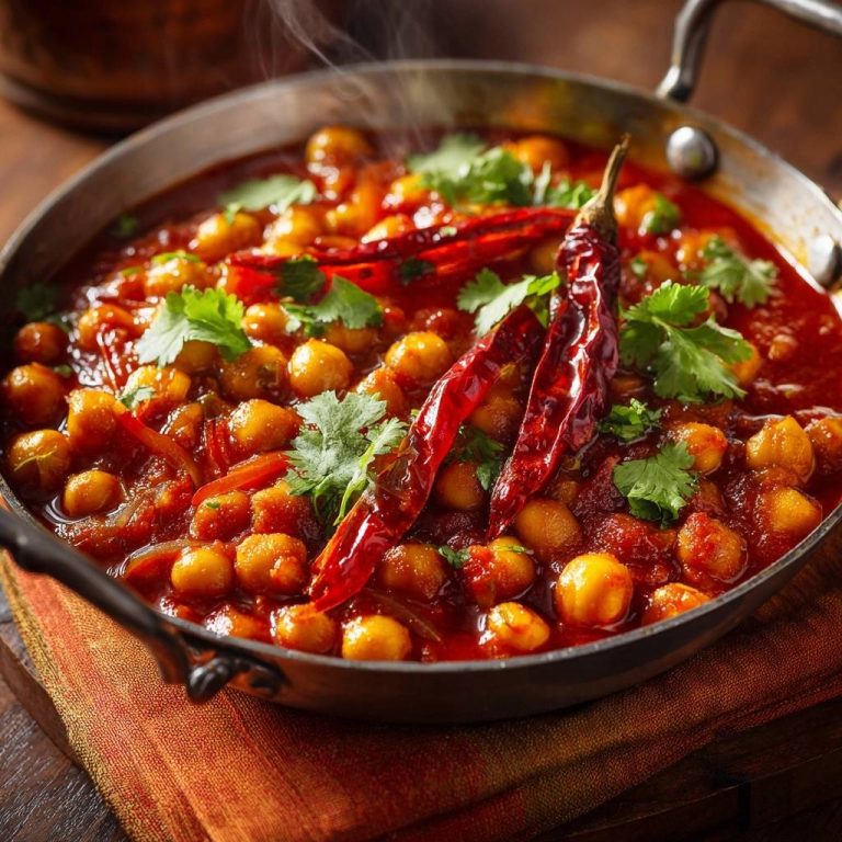 Würziges Kichererbsen-Curry im Kochtopf mit getrockneten Chilis und frischem Koriander garniert.