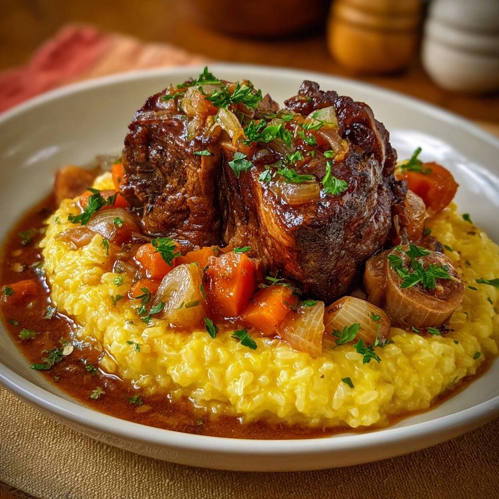 Zart geschmorte Rinderbäckchen mit Safran-Risotto, serviert in einer Schüssel mit Karotten und Zwiebeln, Nahaufnahme.