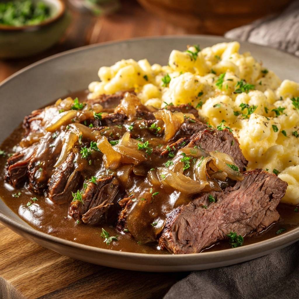 Zarter Rinderbraten mit Spätzle, angeschnitten und mit einer köstlichen Sauce übergossen, auf einem Teller serviert.