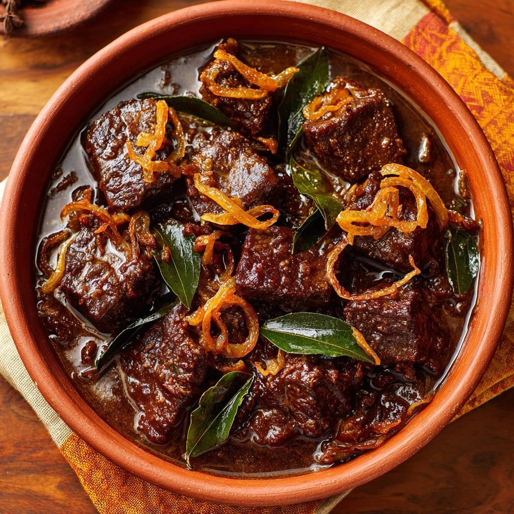 Zartes Rinder-Rendang mit frischen Curryblättern und knuspriger Zwiebelgarnitur in einer Tonschale.
