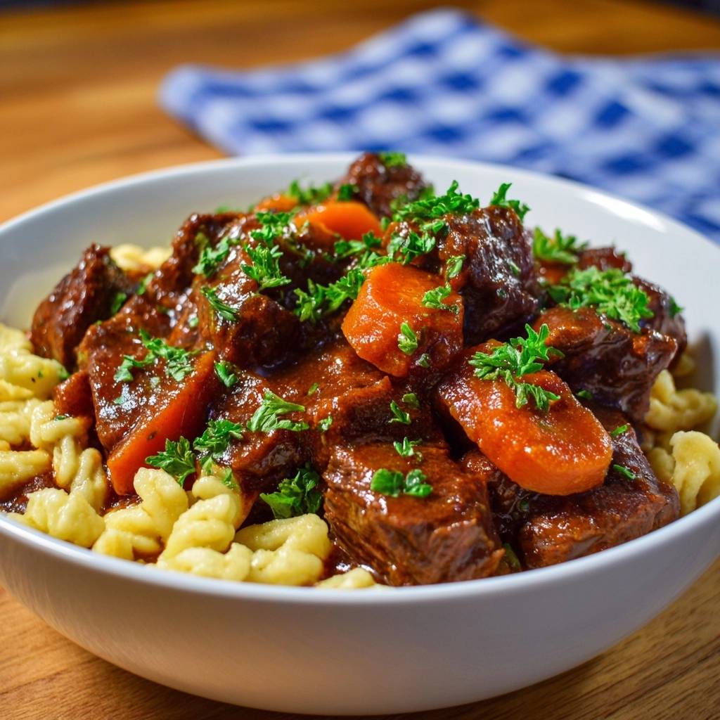 Zartes Rindergulasch mit Gnocchi, eine Nahaufnahme, die die herzhaften Fleischstücke und die Nudeln in einer reichen Sauce zeigt.