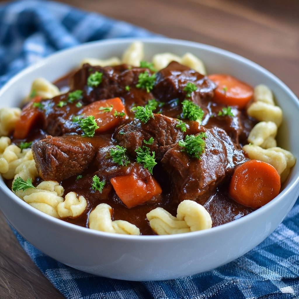 Zartes Rindergulasch mit Gnocchi, eine Nahaufnahme der herzhaften Fleischstücke und Karotten in der dunklen Sauce, garniert mit Petersilie.