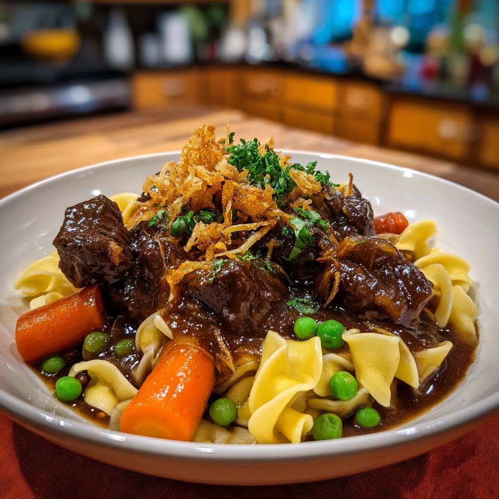 Zartes Rindergulasch mit Eiernudeln, serviert in einer Schüssel und garniert mit knusprigen Zwiebeln und Petersilie.
