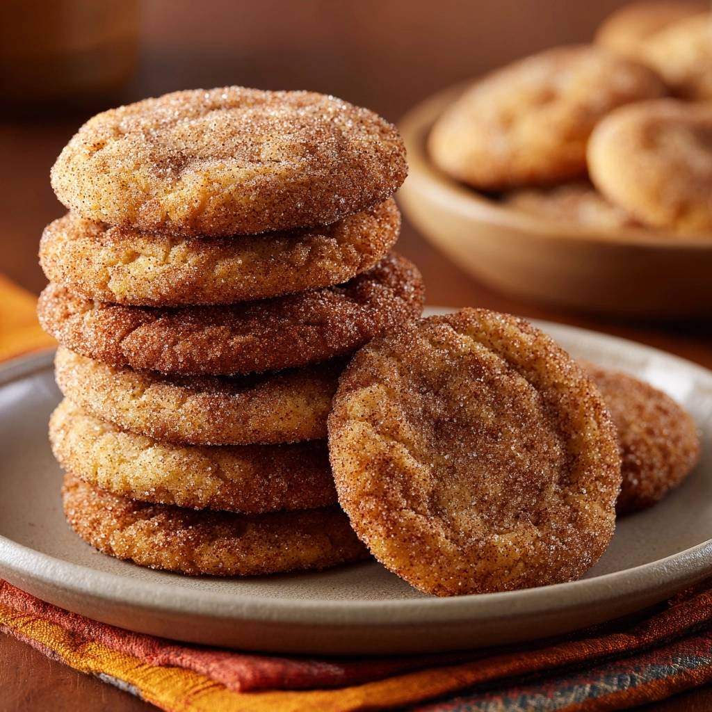 Zimtzucker-Kekse (Snickerdoodles) als Stapel auf einem Teller mit einem einzelnen Keks im Vordergrund, der die Textur zeigt.