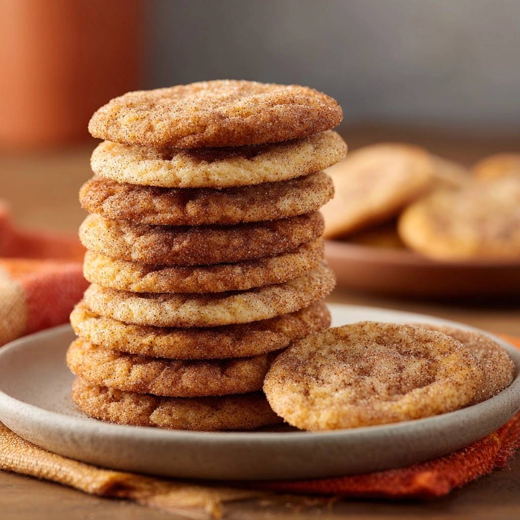 Zimtzucker-Kekse (Snickerdoodles) als hoher Stapel auf einem Teller mit einem einzelnen Keks daneben, die Textur ist gut sichtbar.