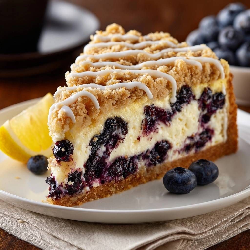 Zitronen-Blaubeer-Käsekuchen als angeschnittene Scheibe mit Streuseln und frischen Blaubeeren auf einem Teller.