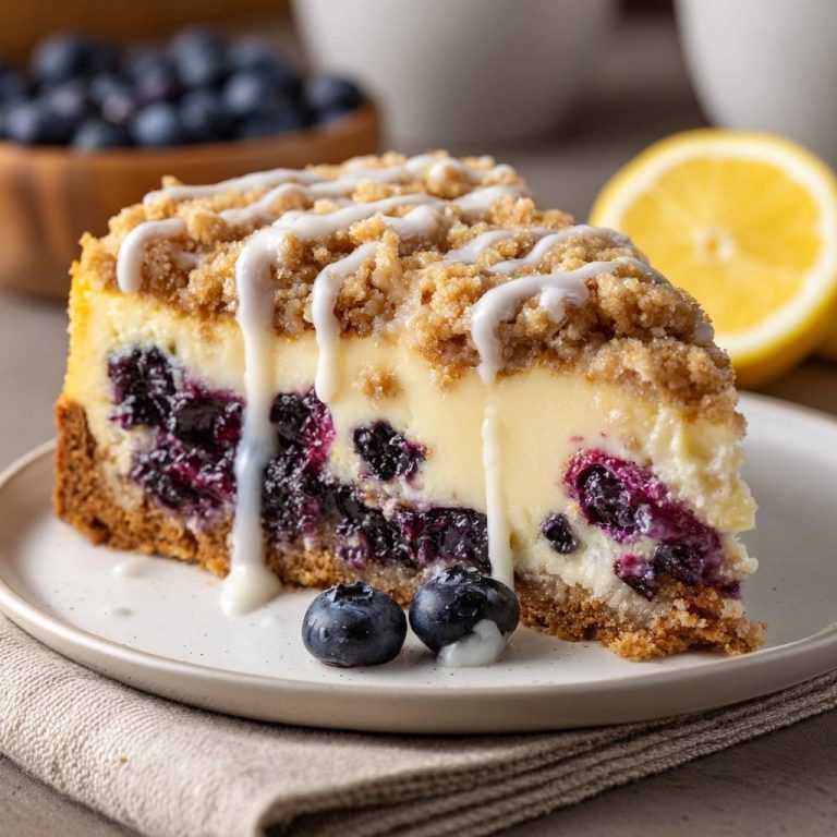 Zitronen-Blaubeer-Käsekuchen als Anschnitt auf einem Teller mit Blaubeeren und Zitronenscheibe im Hintergrund
