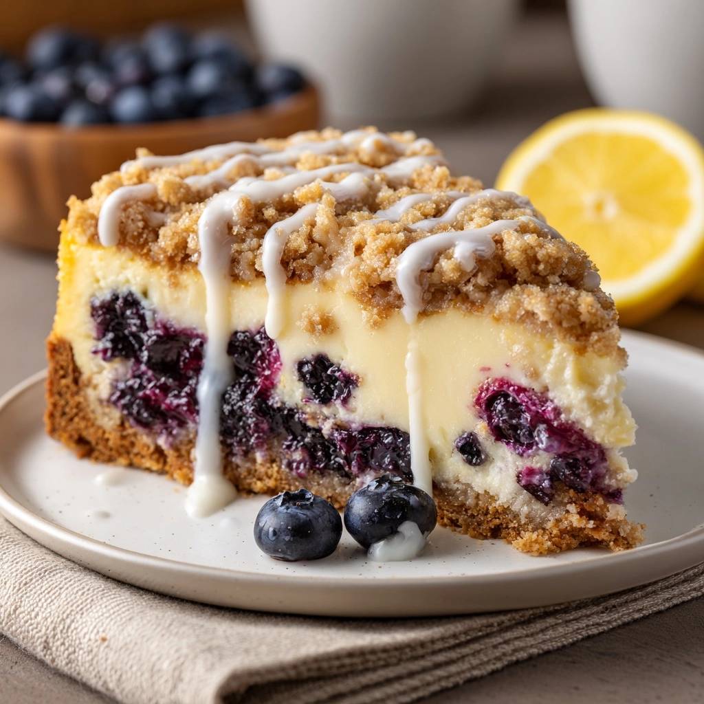Zitronen-Blaubeer-Käsekuchen als Anschnitt auf einem Teller mit Blaubeeren und Zitronenscheibe im Hintergrund