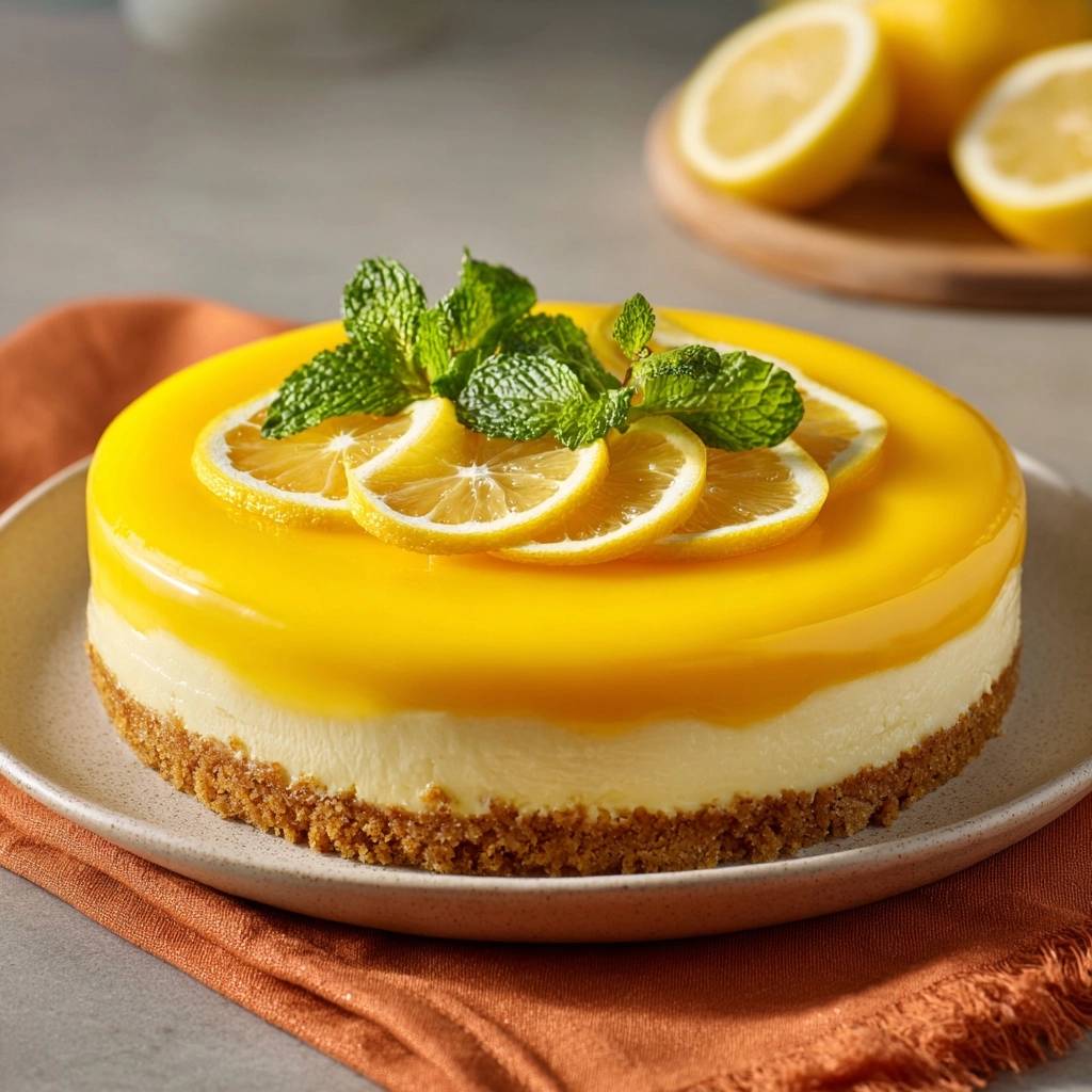 Cremiger Zitronen-Cheesecake, garniert mit frischen Zitronenscheiben und Minze auf einem Keksboden.