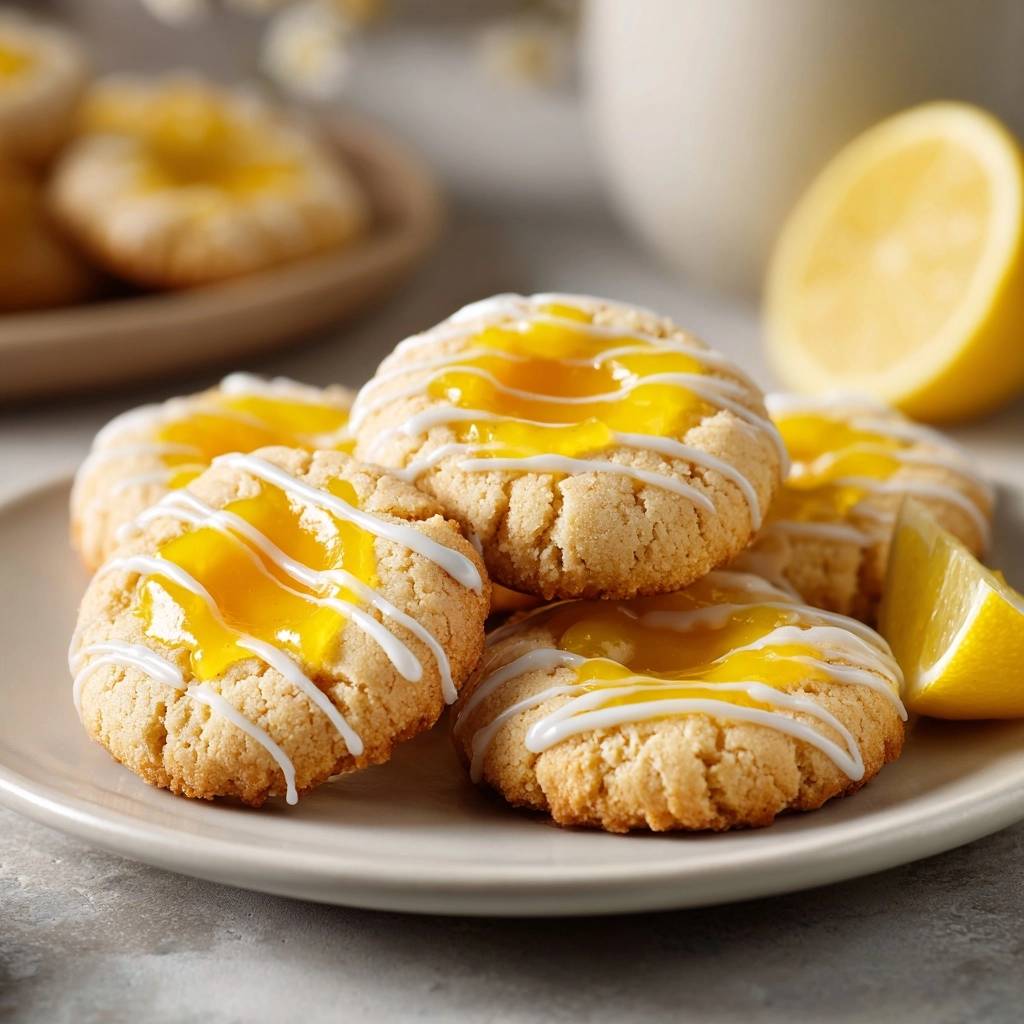 Zitronen-Füllkekse mit Zuckerguss und Zitronenfüllung auf einem Teller mit Zitronenspalte serviert.