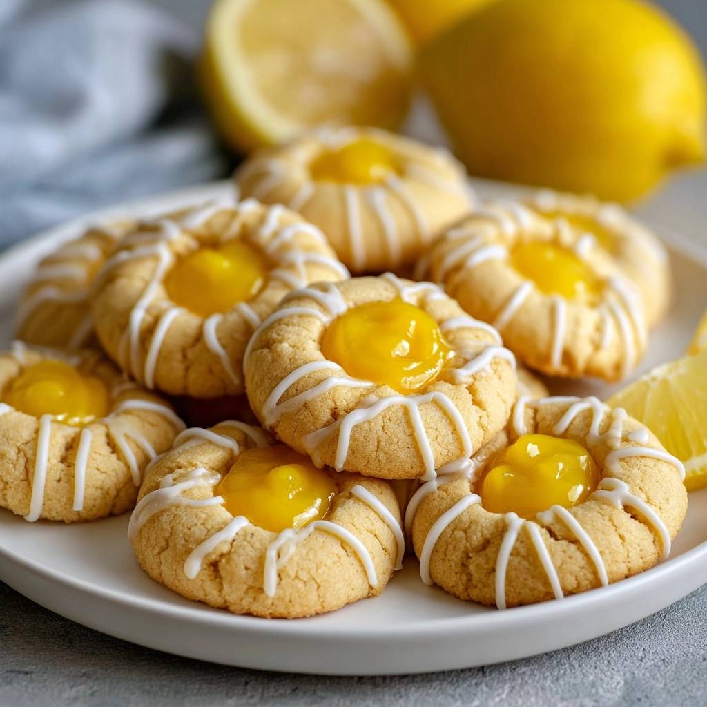 Zitronen-Füllkekse mit Zuckerguss und Zitronenfüllung auf einem Teller, Nahaufnahme von oben.