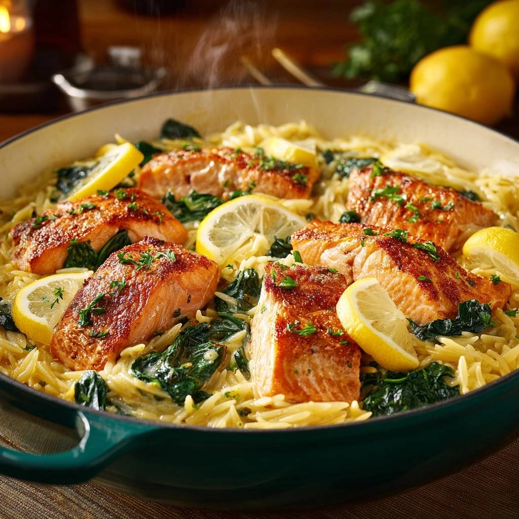 Zitronen-Lachs auf cremiger Orzo-Pasta, im Detail mit Zitronenscheiben und frischer Petersilie garniert.