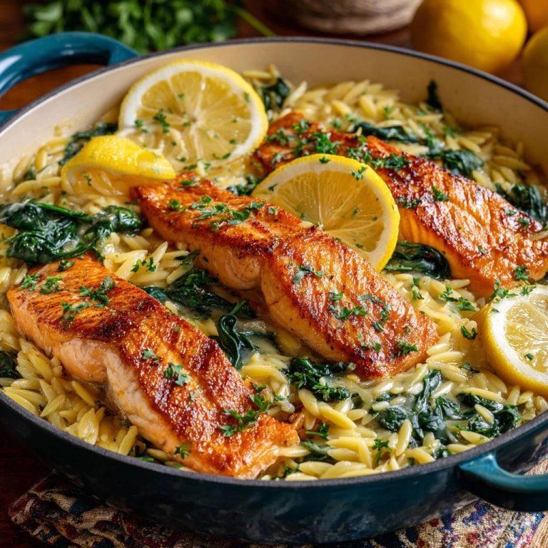 Zitronen-Lachs auf cremiger Orzo-Pasta, eine Nahaufnahme der goldbraunen Lachsstücke mit Zitrone und Petersilie garniert.