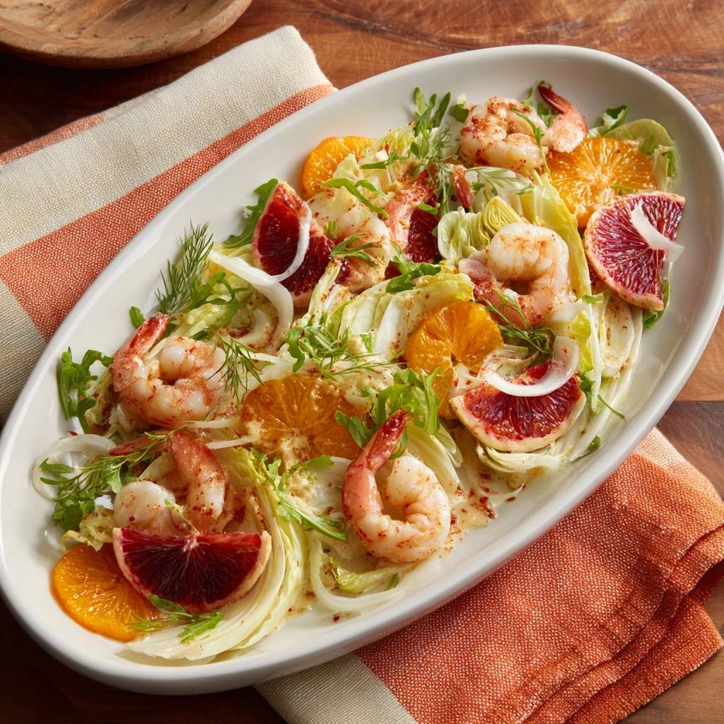 Zitrus-Garnelen-Salat mit Fenchel, serviert auf einem ovalen Teller mit Orangen- und Blutorangenspalten, Garnelen und Fenchelstreifen.
