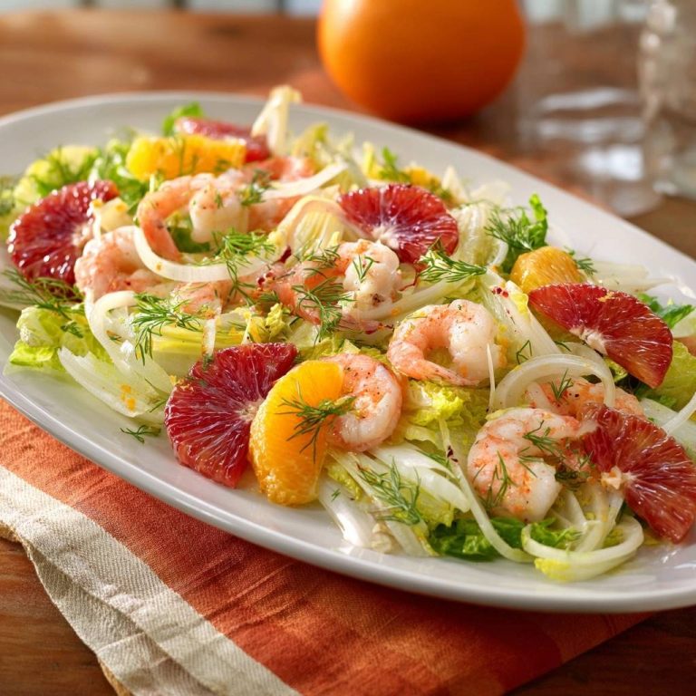 Zitrus-Garnelen-Salat mit Fenchel, serviert auf einer ovalen weißen Platte mit Orangen- und Blutorangenspalten und Garnelen.