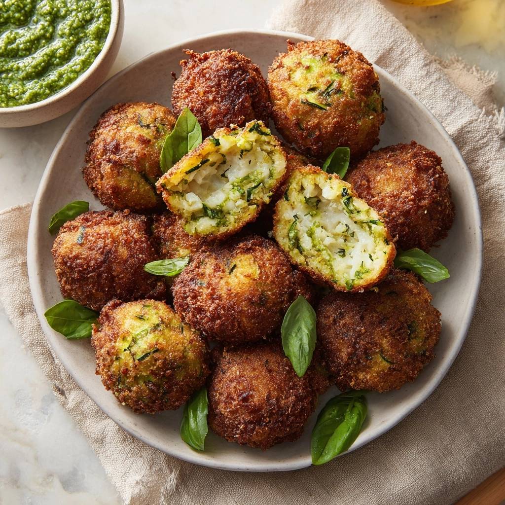Goldbraune Zucchini-Käse-Bällchen, angeschnitten, zeigen das fluffige Innere mit Zucchini und Kräutern.