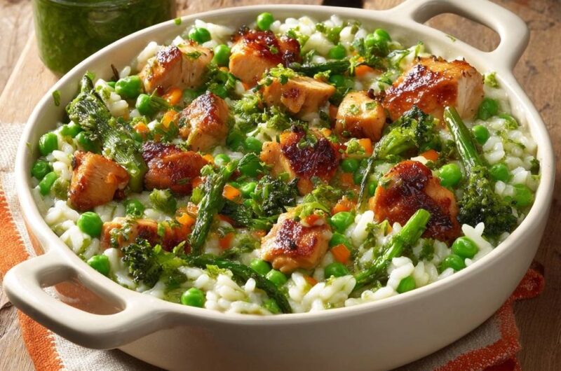 Cremiges Frühlings-Risotto mit glasiertem Hähnchen