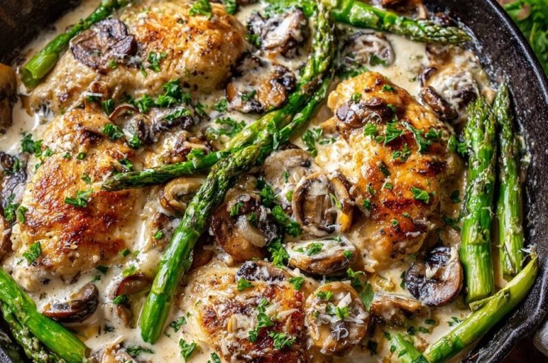 Cremiges Hähnchen mit Spargel und Pilzen