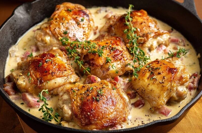 Cremiges Pfannenhähnchen mit Speck