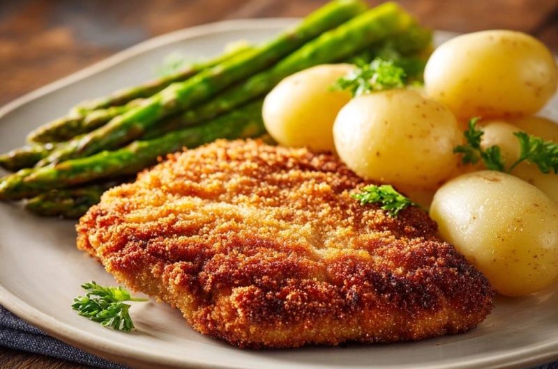 Goldbraunes Putenschnitzel mit Spargel und Kartoffeln