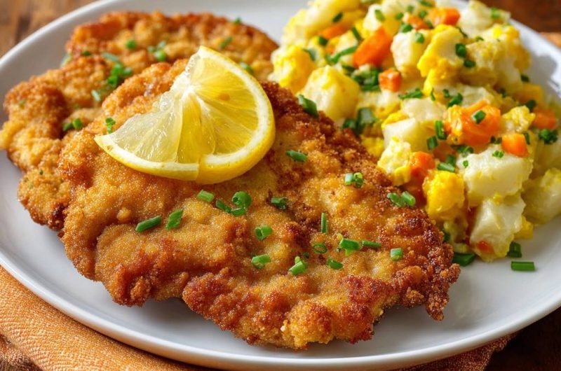 Goldbraunes Wiener Schnitzel mit cremigem Kartoffel-Karotten-Salat