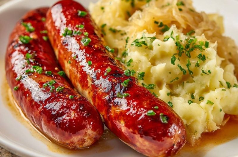 Herzhafte Bratwurst mit Kartoffelstampf und Sauerkraut