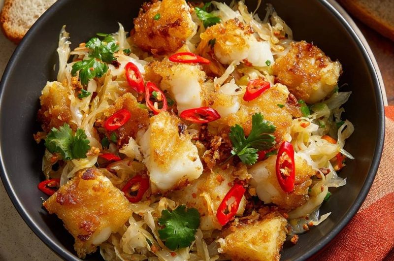 Knusprige Kabeljau-Bites auf Chili-Kohl