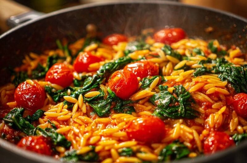Mediterrane Orzo-Pfanne mit Kirschtomaten