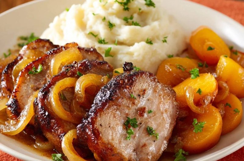 Saftiger Schweinenackenbraten mit Schmorzwiebeln und glasierten Karotten