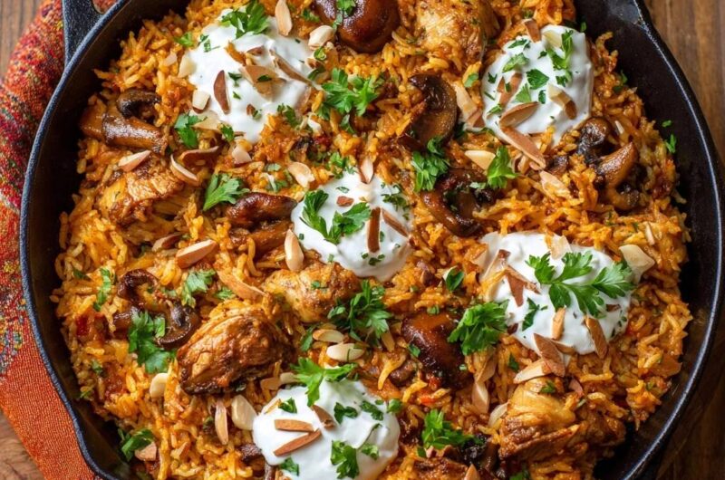 Würzige Hähnchen-Reispfanne mit Pilzen