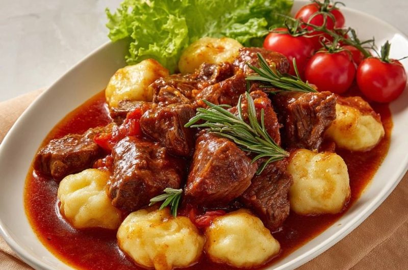Zartes Rindergulasch mit gebräunten Kartoffelklößchen