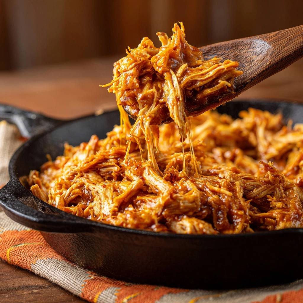Saftiges BBQ Pulled Chicken wird mit einem Holzlöffel aus einer Pfanne gehoben, das Fleisch ist zart und saftig.