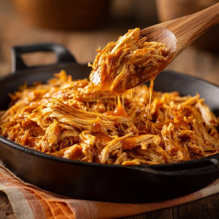Saftiges BBQ Pulled Chicken wird mit einem Holzlöffel aus einer Pfanne gehoben, Sauce tropft herunter