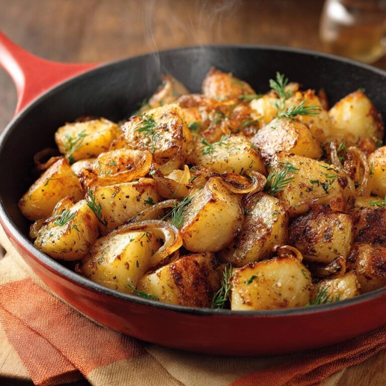 Goldbraune Bratkartoffeln mit Zwiebeln in roter Pfanne, garniert mit frischem Dill, Dampf steigt auf.