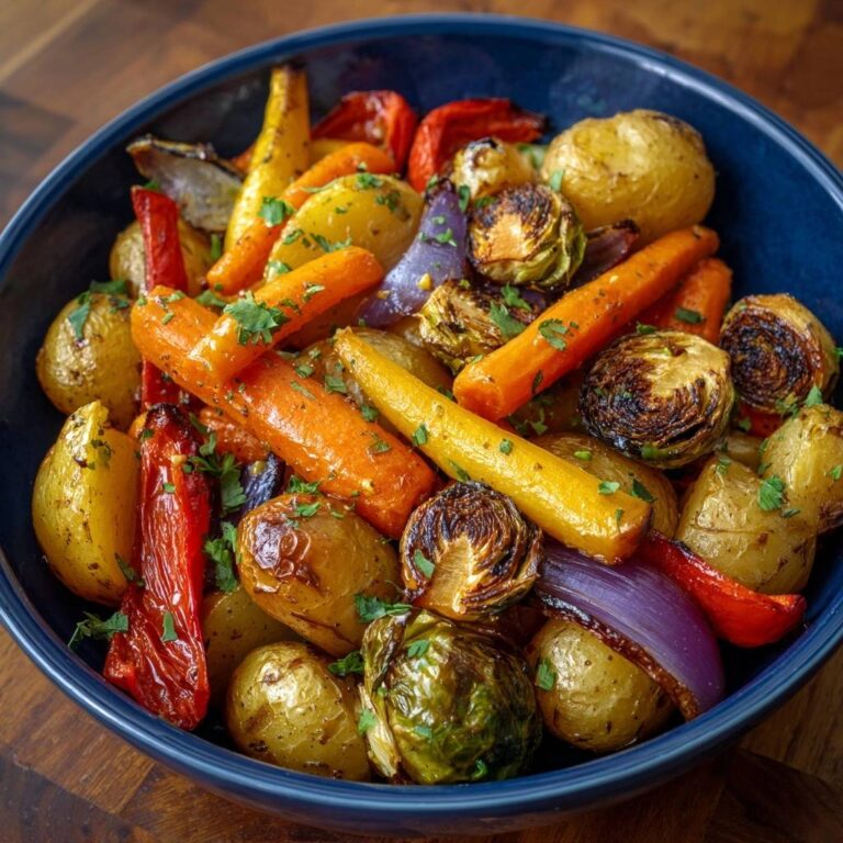Buntes Ofengemüse mit Röstaroma als Nahaufnahme mit vielen Details wie Karotten, Kartoffeln und Rosenkohl.