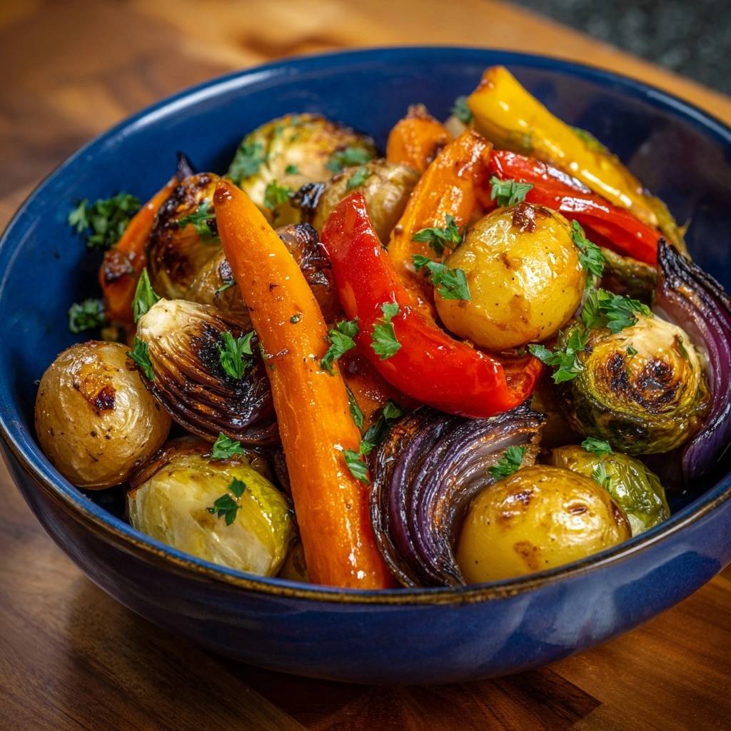 Buntes Ofengemüse mit Röstaroma in einer blauen Schüssel, Nahaufnahme der gegrillten Karotten, Kartoffeln, Paprika und Rosenkohl.