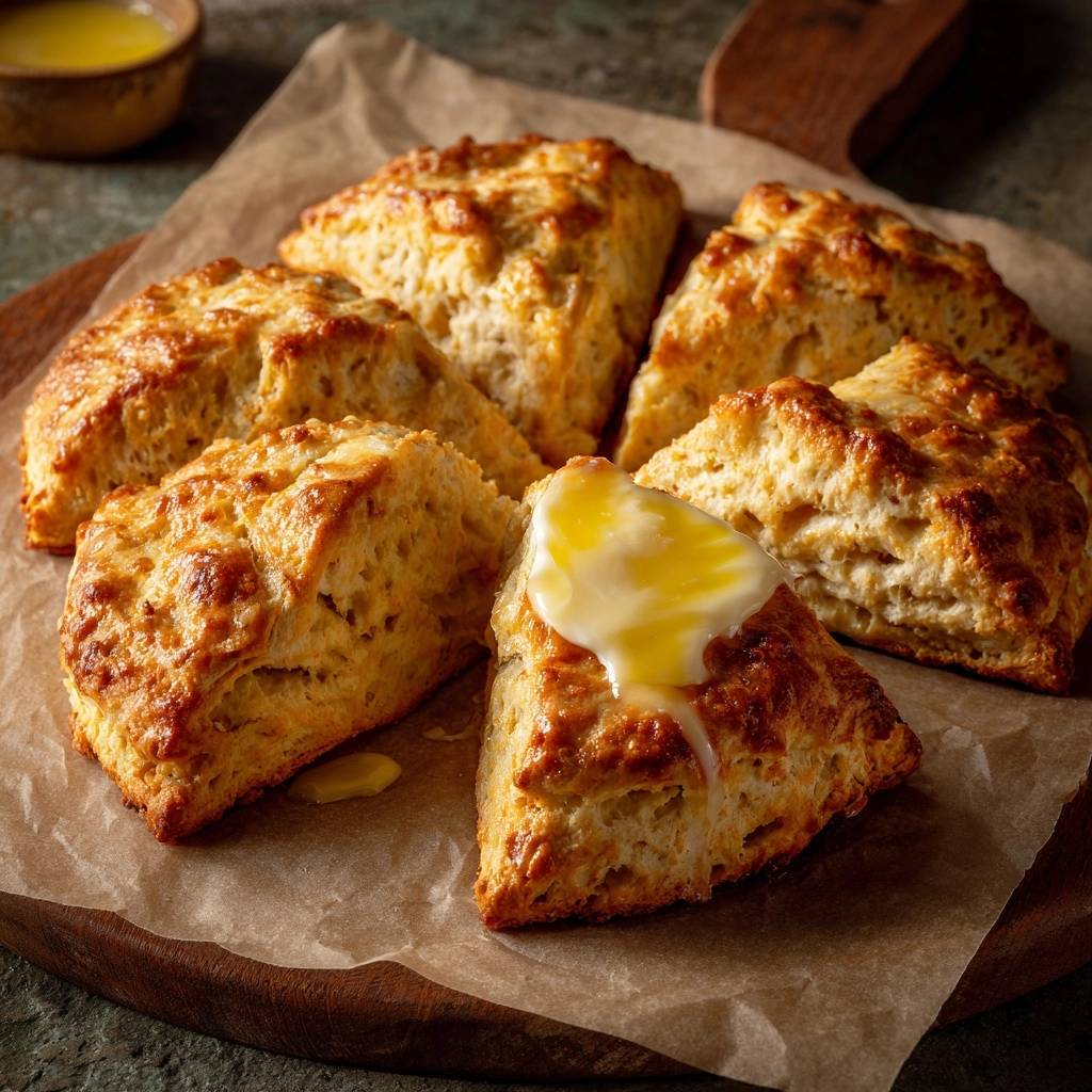 Goldbraune Butter-Scones: Das Geheimnis für perfekte Textur, mit geschmolzener Butter auf einem Scone.