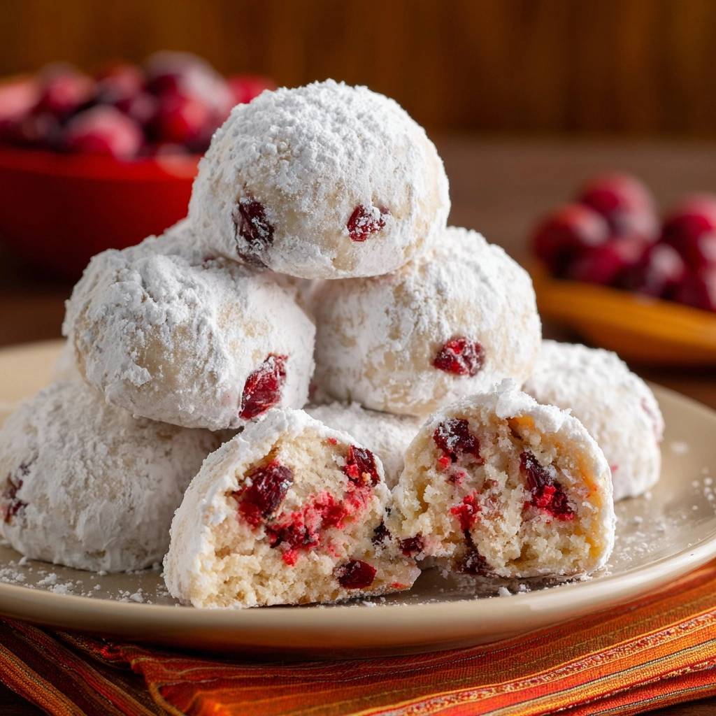 Cranberry-Schneebälle, mürbe Weihnachtskekse, angeschnitten auf einem Teller mit sichtbarem Inneren und Cranberry-Stücken.