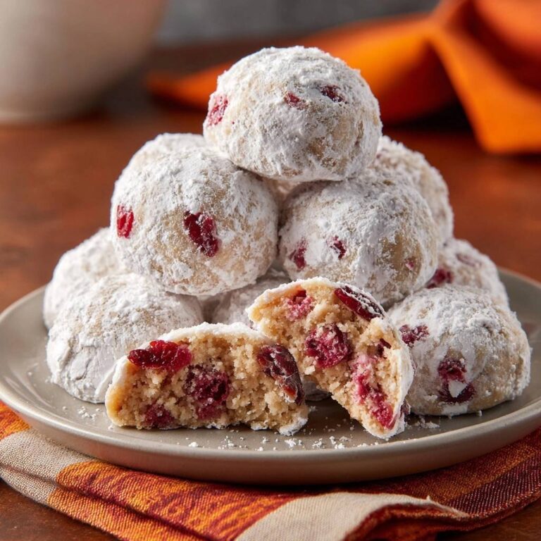 Cranberry-Schneebälle: Mürbe, runde Weihnachtskekse angeschnitten, die das Innere mit roten Cranberries enthüllen.