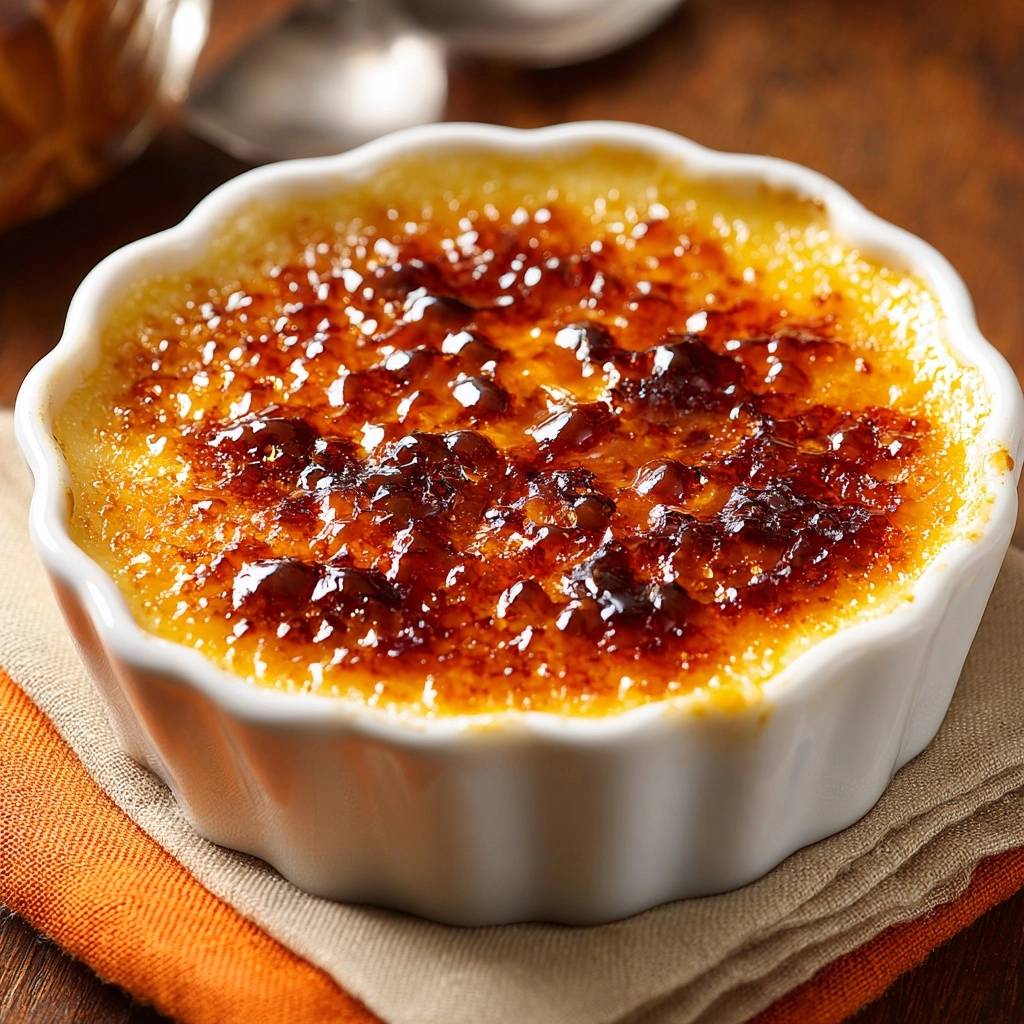 Klassische Crème Brûlée mit einer Detailaufnahme der karamellisierten Zuckerkruste in einer weißen Ramekin-Schale.