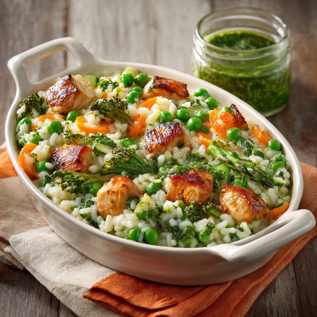 Cremiges Frühlings-Risotto mit glasiertem Hähnchen, nahaufnahme der einzelnen Komponenten und der cremigen Reiskonsistenz.